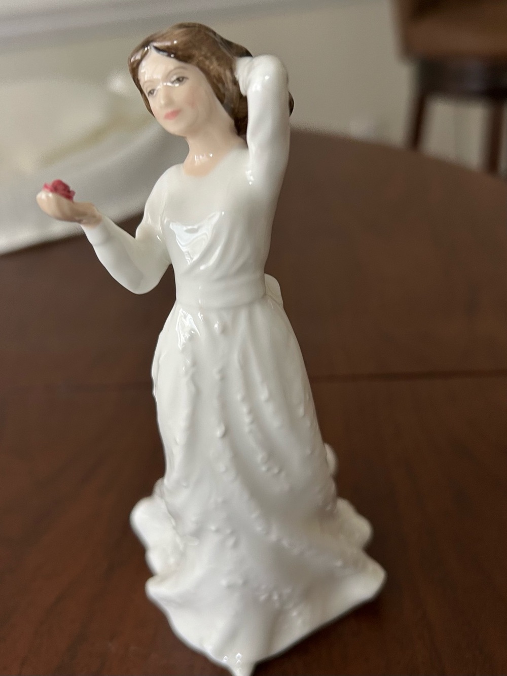 Royal Doulton “With Love” Porcelain Figurine Woman in White Dress with Pink Rose